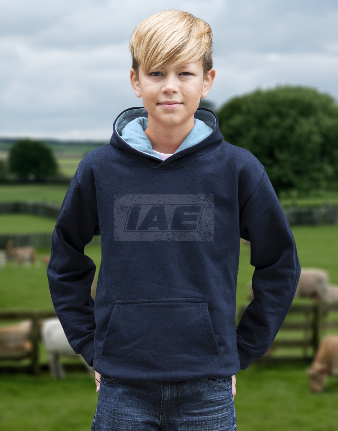 KIDS IAE Navy hoodie with light blue hood